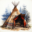 Watercolor Native American Tent Illustration, Generative Ai