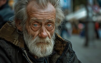 Poster - A man with a beard and gray hair is sitting on the sidewalk. He looks tired and sad