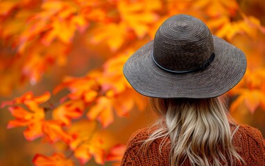 A woman wearing a straw hat is standing in front of a tree with orange leaves