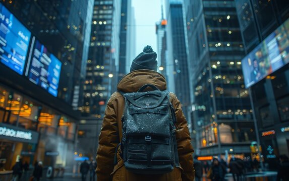 A person wearing a backpack is standing in a city street. The person is wearing a brown coat and a hat. The city is lit up at night, and there are many people walking around