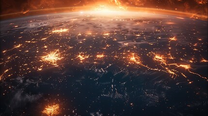 Fototapete - The World On Fire wide View From Space. Generative AI.