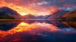 A serene lake reflecting the vibrant colors of a fiery sunset, surrounded by towering mountains bathed in golden light.