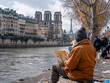 streetlife in Paris with people on the Seine, painters with works of art, Eiffel Tower and street cafes, Ai generated