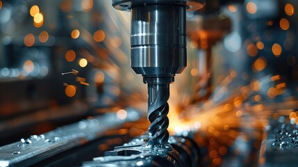Poster - A detailed close-up of a drill bit boring into a piece of metal, the precision and power of the machine. Generative AI.