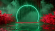 Empty stage or podium with red feathers and green neon circle portal. Generative AI