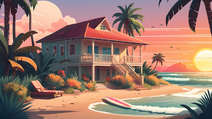 Wall Mural - Tropical landscape with a house with a terrace, a surfboard, palm trees, sun at sunset on the seashore. Flat illustration in  colors, vector