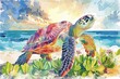 Summer beach scene of watercolor turtle , serene and vibrant, hand drawn in bright pastels
