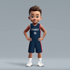 3d cartoon cute basketball player in France national team kit.