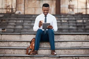 Canvas Print - City, business man and video call in stairs for networking, speaking and conversation with contact. Outdoor, professional and black person or lawyer with tech for legal advice, consulting and support