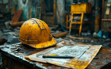 Wall Mural - Yellow hard hat and pen on the table in the factory