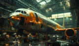 Fototapeta Sawanna - Passenger airplane on the maintenance of engine and fuselage repair in airport hangar