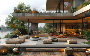 Wall Mural - Modern contemporary house and patio by the river with comfortable divans and deck furniture