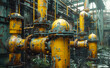 Yellow pipes and valves in abandoned factory