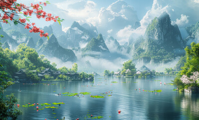Beautiful scenery of tranquil lake surrounded by mountains and village