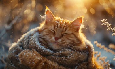 Sticker - Cute red cat sleeps on the snow in the winter forest