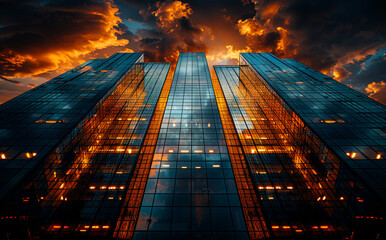 Wall Mural - Modern glass skyscraper in the evening