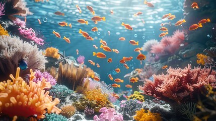 Wall Mural - Journey to the heart of a bustling coral reef where octane render showcasing the diversity of marine life. Generative AI.