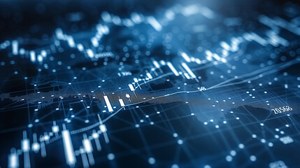 Business chart with uptrend line graph, bar chart and stock numbers in bull market on white and blue color background.