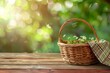 Enchanting springtime picnic setup with empty wicker basket on a rustic wooden table