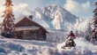 A self-assured individual rides a snowmobile with an aged cabin in the background