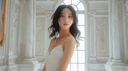 Canvas Print - A beautiful asian woman wearing an elegant white dress standing in an elegant study with clean white walls. Generative AI.