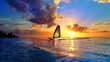 A windsurfer is silhouetted against the sunset, with a natural blue sky version also available