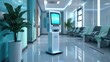 © visoot - An interactive kiosk standing upright in the corner of a hospital waiting room, its sleek design and digital interface providing positive customer experience. Generative AI.