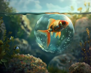 Goldfish Swimming in Bubble Dreaming of Beyond Its Aquarium Enclosure