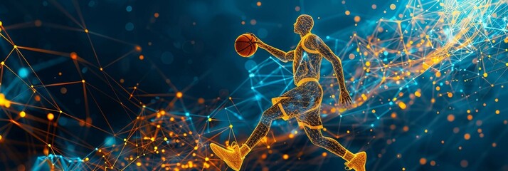 Wall Mural - digital yellow Dynamic Low Poly Basketball Player, ai in sports analytics, player performance tracking systems, game strategy optimization algorithms, training regimens for basketball athletes.
