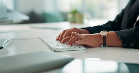 Poster - Person, hands and typing with keyboard for email, communication or feedback on computer at office. Closeup of employee, journalist or writer working on PC for update, review or report at workplace