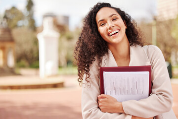 Sticker - Smile, textbook and portrait of woman student studying for test, assignment or exam on campus. Happy, university and female person with positive, pride and confident attitude at college academy.