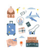 Cute travel vector clipart. Travel illustrations on white background: airplane, backpack, bag, map, camera