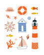 Seaside vector clipart. Cute nautical illustrations on white background. Lighthouse, beach house, ship, seashells, fishes