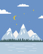 Vector poster with mountains and lake. Cute nature clipart: mountains in the night