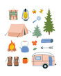 Camping vector set. Cute camping clipart on white background. Tent, camper, boots, trees, backpack