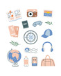Cute travel clipart elements on white background. Travel vector set: camera, passport, globe, bag, tickets