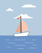 Vector poster with cute ship in the sea. Seaside cute illustration with yacht on the water