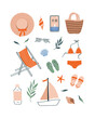 Beach vector clipart on white background. Summer cute illustrations: hat, bag, swimsuit, ship