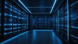 Corridor bathed in captivating blue light unveils complex operations of data center. Rows of servers, encased in glass cabinets, resonate with quiet rhythm of data processing, storage.