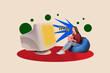 © deagreez - Sketch image composite artwork 3D photo collage of shocked lady sit in beanbag watch retro computer monitor device screen wow surprise