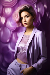 Wall Mural - Woman with pink hair and purple jacket on.