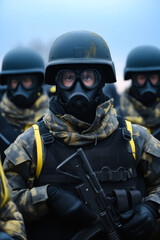 Poster - Group of soldiers wearing gas masks and holding guns.