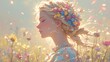 Beautiful woman with flowers in her hair, profile view, ethereal and dreamy, soft focus background, pastel colors