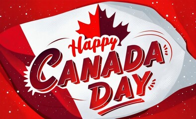 Wall Mural - Happy Canada Day lettering with a festive greeting card with a maple leaf, red and white background, dots and stars