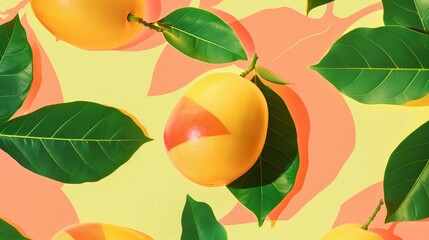 Wall Mural - ripe and juicy mangoes with lush green leaves tropical fruit summer vibes illustration