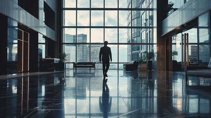 Wall Mural - low angle view of a businessman walking in office, Corporate Life Business person Walking