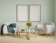 Mockup frame, poster empty in home design, scandinavian modern two armchairs interior design element mockup, 3d rendering.