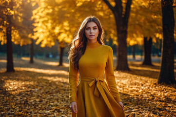 Fall portrait of young woman in yellow colored dress in autumn season park with leaves, walking in natural forest. Cute model walks in Park in golden autumn against background of nature. Copy space