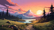 Serene Lake View with Majestic Mountain at Sunset Illustration