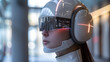 3d rendering of a female robot wearing virtual reality glasses in the office